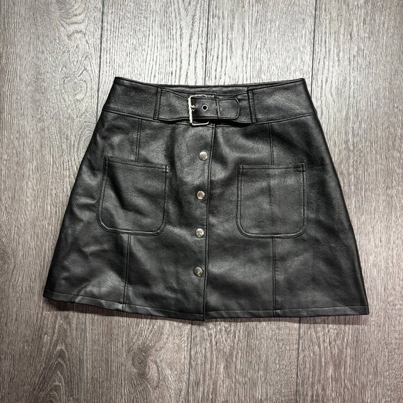 Smart Set Black Leather Mini Skirt Front Buckle Snap Buttons 28" 5 - Picture 1 of 7